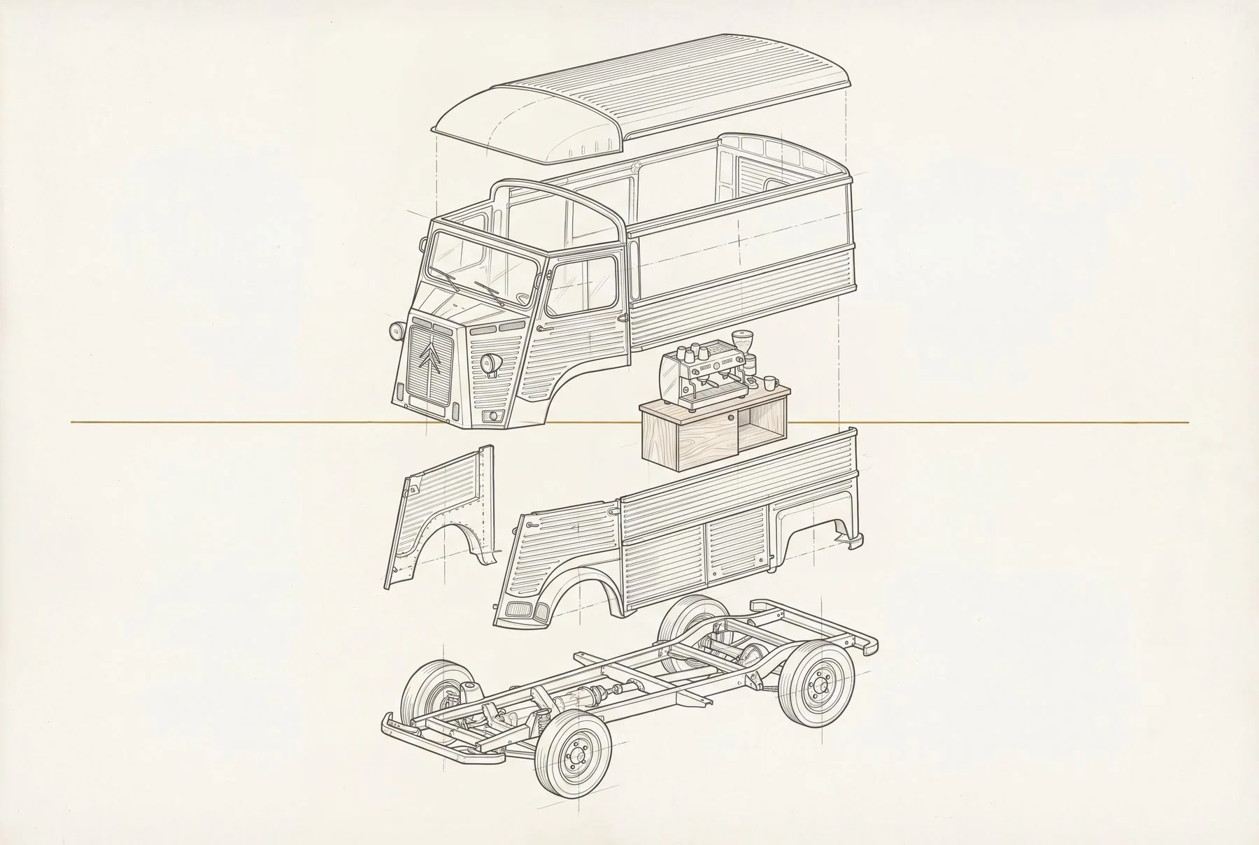 Exploded technical plate of RIVE / 001: roof, body shell, counter and espresso machine, the brass rule, the corrugated flank, and the chassis with its wheels.