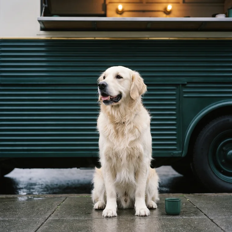 A pale cream golden retriever sitting on the pavement beside the truck.