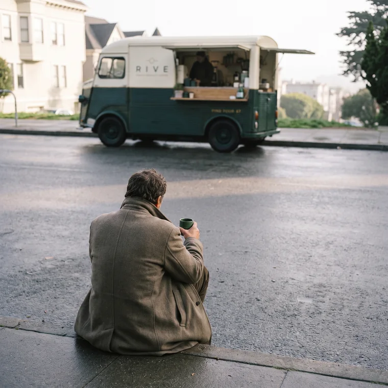 Someone sitting alone on a kerb with a cup, the truck small behind them.