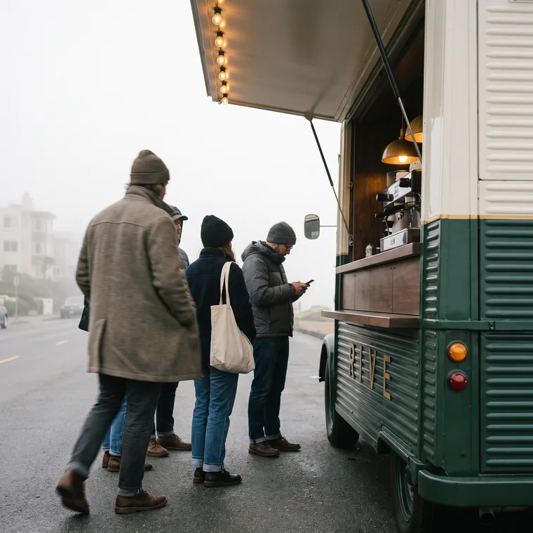 A short queue waiting at the raised hatch in the morning fog.