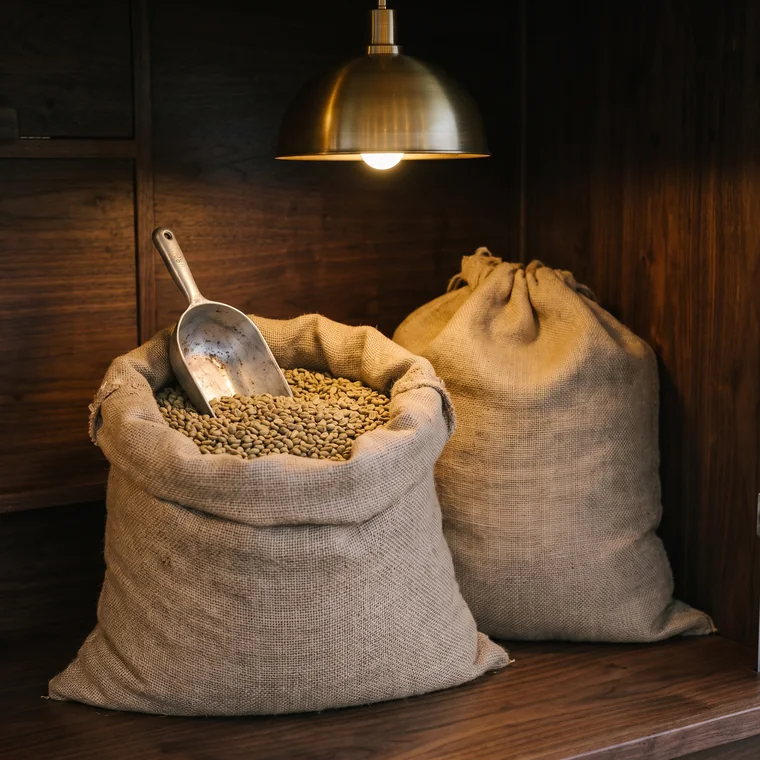 An open hessian sack of green unroasted coffee with a steel scoop.