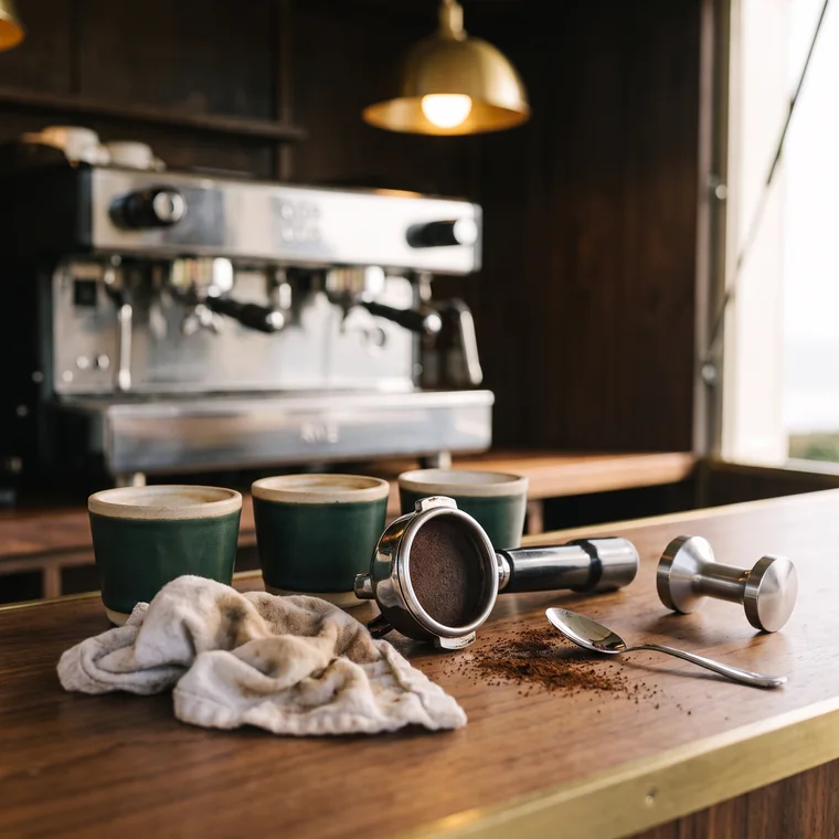 The counter after the rush: spent puck, spilled grounds, three empty cups.