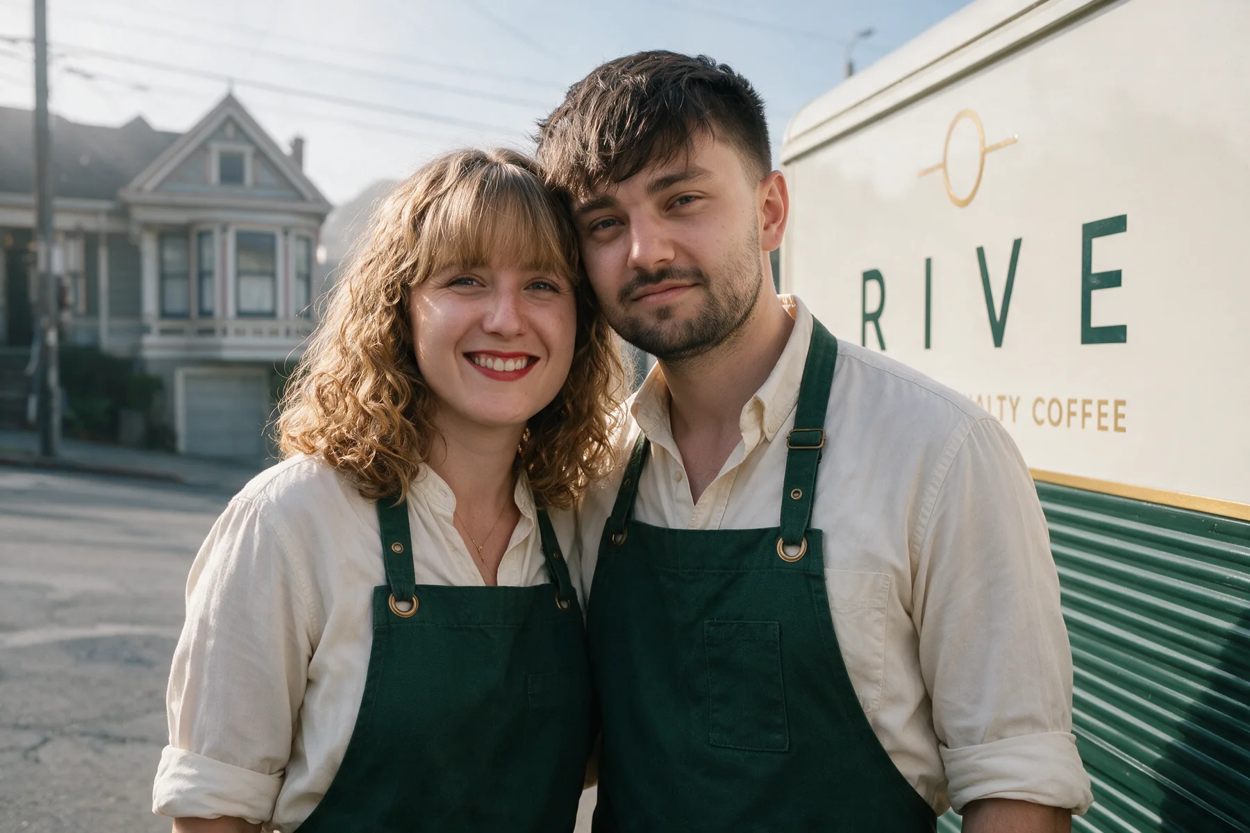 Estelle and Quentin, the founders of RIVE 37, in bottle-green canvas aprons and ivory shirts, beside the truck on a San Francisco street.