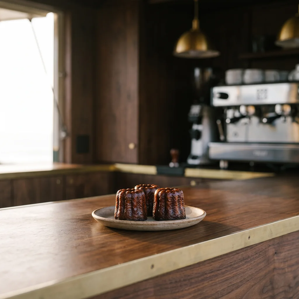 Three caramelised canelés with dark lacquered crusts on a small ceramic plate.