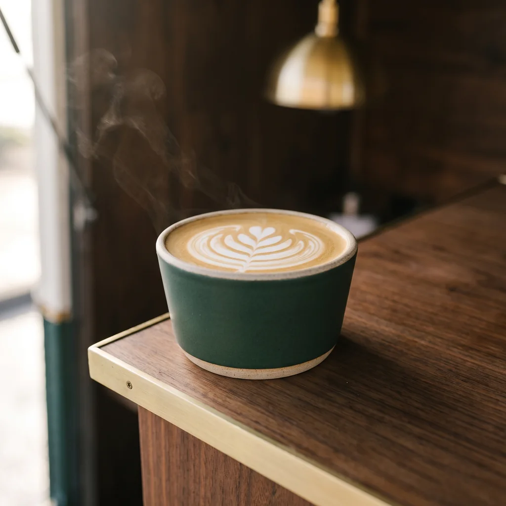 A wide handleless bottle-green stoneware cup holding a cappuccino with a clean rosetta of latte art.