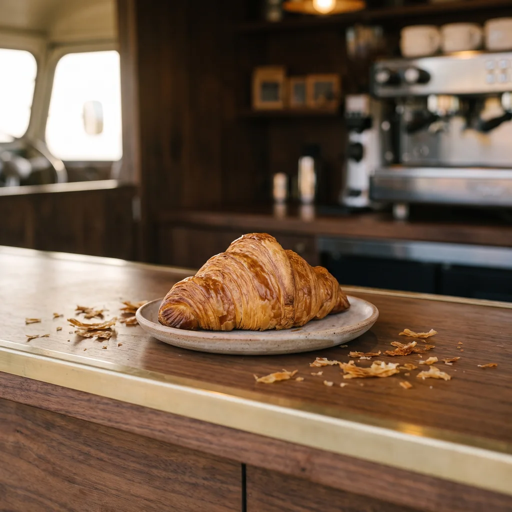 An all-butter croissant with a deeply laminated crust on a small ceramic plate.