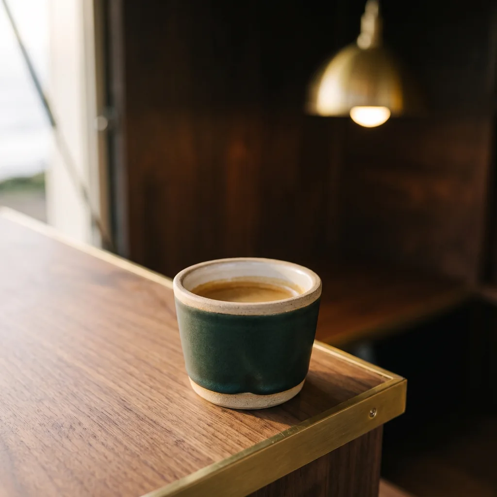 A handleless bottle-green stoneware tumbler of espresso with a dense hazelnut crema, on the walnut counter.