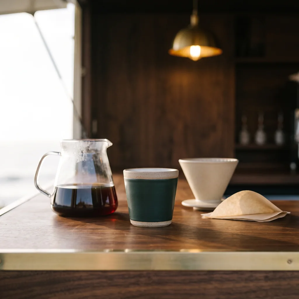 A glass carafe of filter coffee beside a handleless bottle-green stoneware cup on the walnut counter.