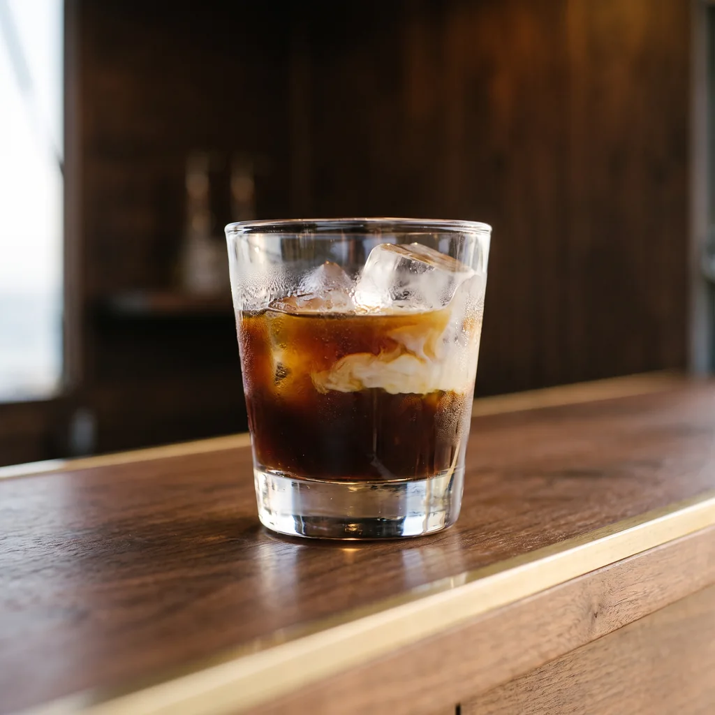 A heavy thick-walled glass tumbler of iced coffee over clear ice, milk still settling through it in strata.