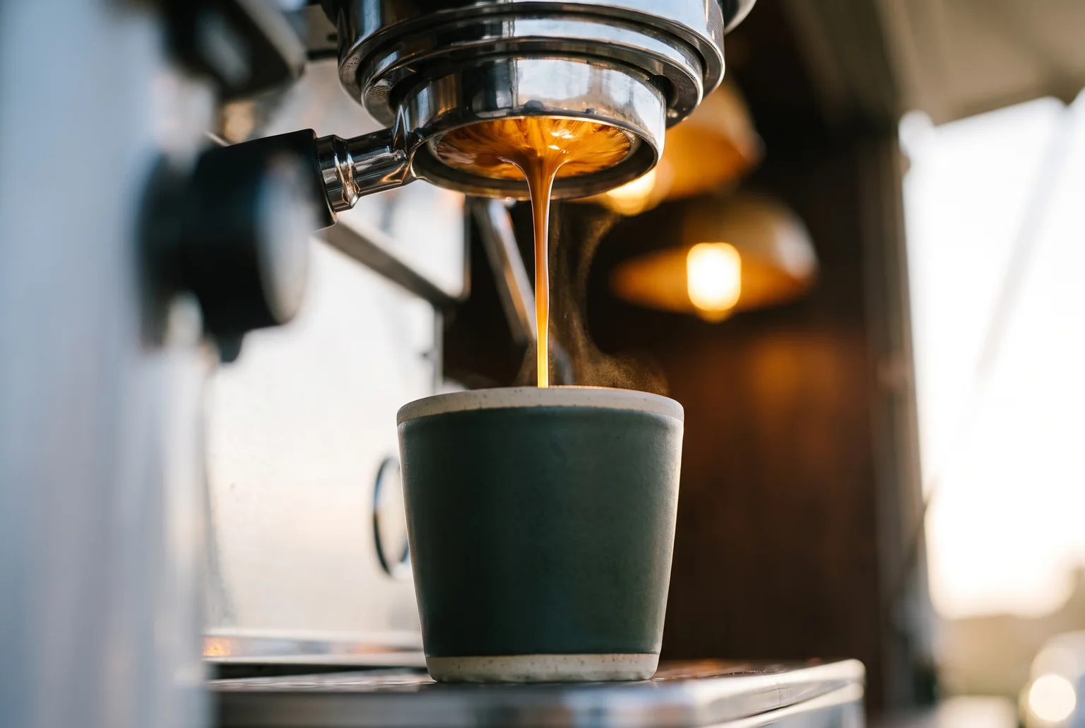 Espresso falling from a bottomless portafilter into a bottle-green stoneware tumbler, backlit against the open service hatch.