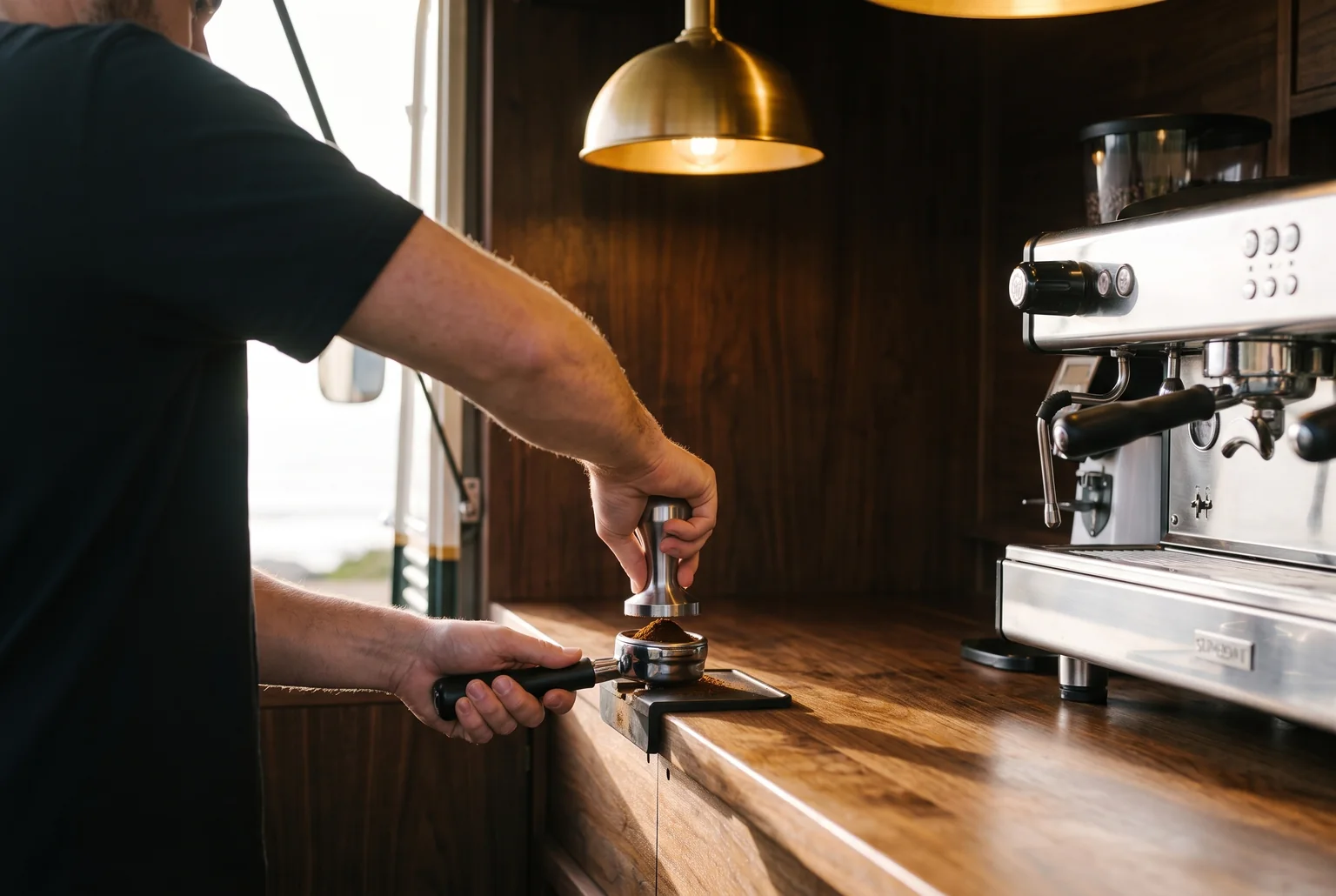 A barista's hands tamping ground coffee into a chrome portafilter under a brass pendant lamp.