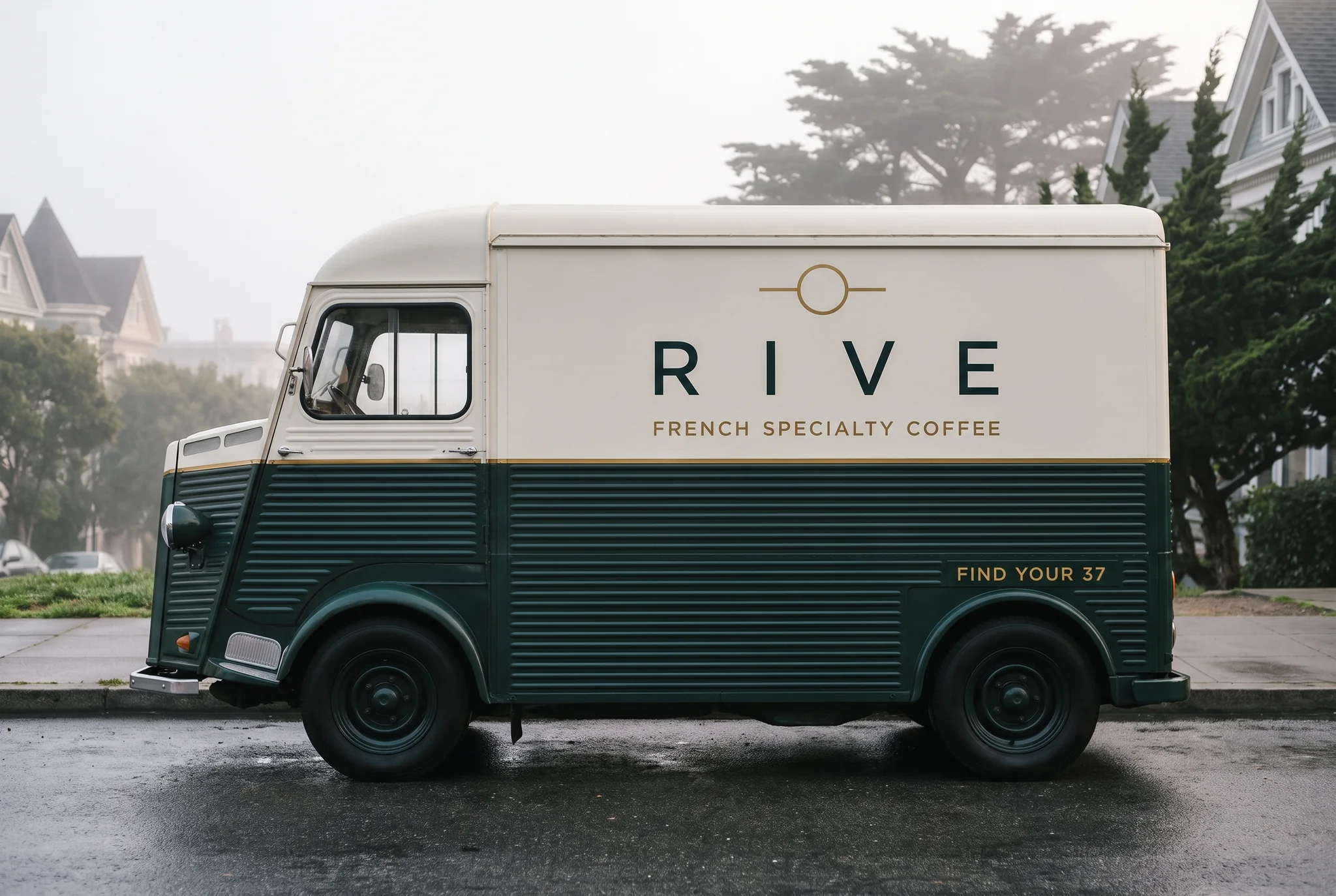 The RIVE 37 truck closed, seen square-on from its offside on a foggy San Francisco street at dawn.