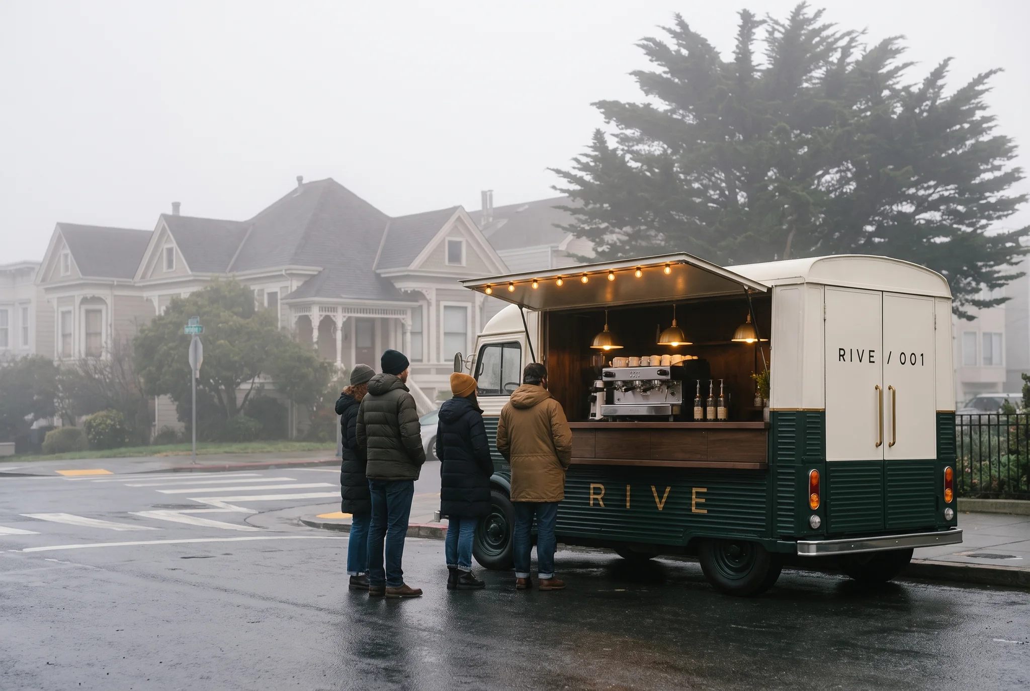 The RIVE 37 truck open and serving on a foggy San Francisco street corner, a short queue waiting.